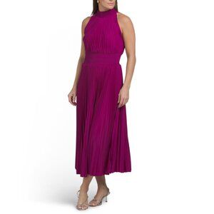MARINA fuschia Pleated Midi Dress